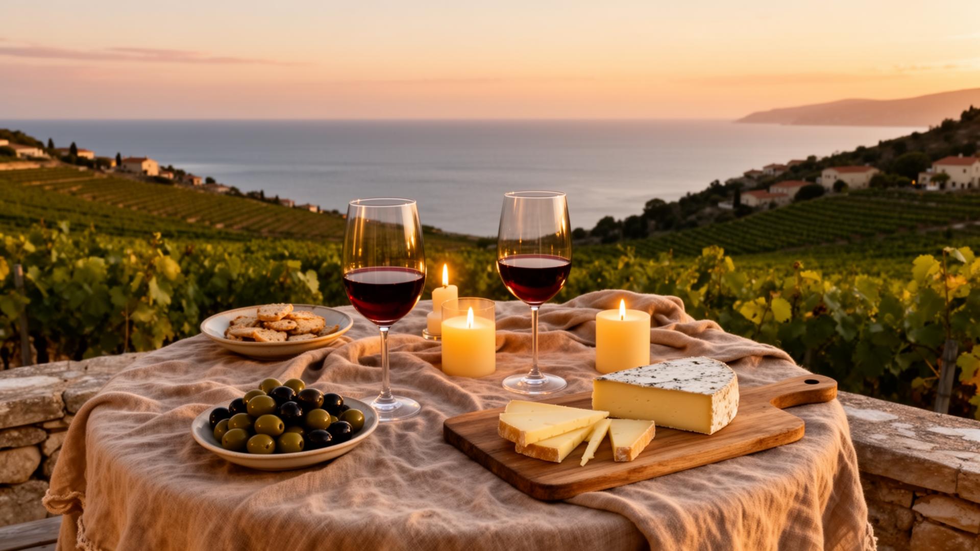 Romantic wine tasting at sunset over the Adriatic