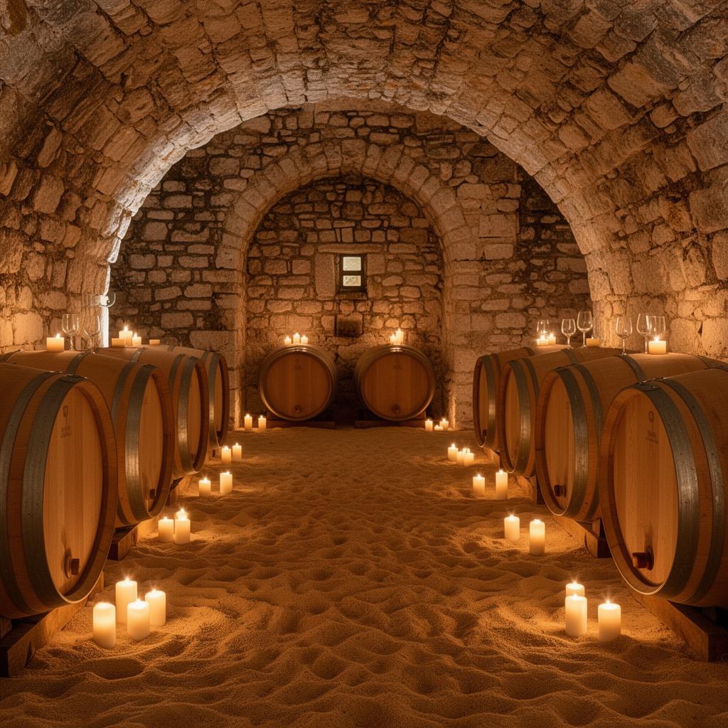 Stone wine cellar with barrels